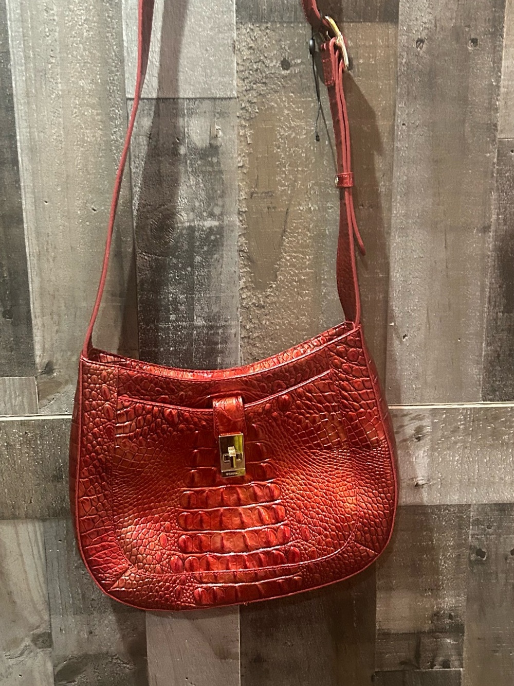 Red Croc-Embossed Leather Crossbody Bag - Women's Shoulder Bag
